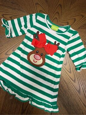 Classic Whimsy Girls Green & White Stripe Reindeer Dress with Red Bow 2T